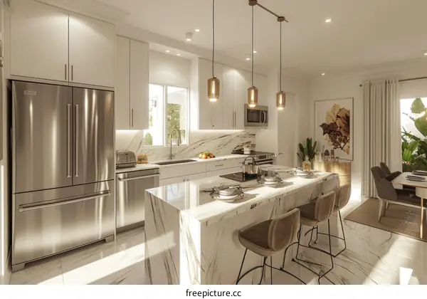 An illustration of a modern kitchen with a large island and stainless steel appliances