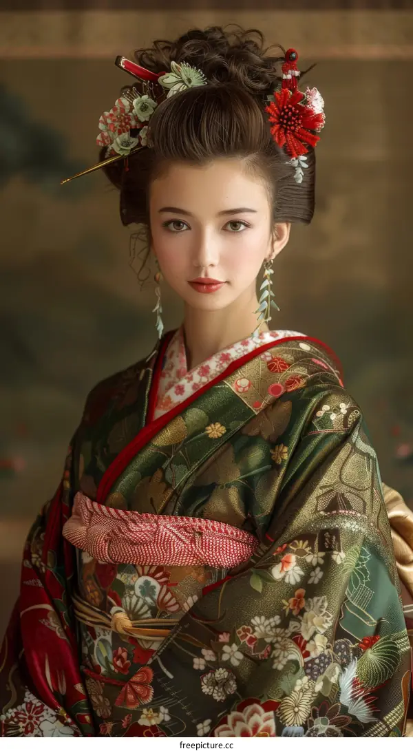 Portrait of a beautiful Japanese woman in traditional kimono