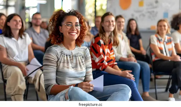 Smiling Woman Listening to a Presentation in a Conference Room