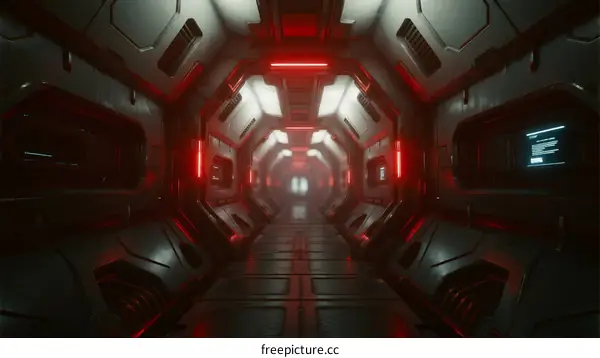 A Futuristic Sci-Fi Corridor with Red Neon Lighting and Holographic Displays