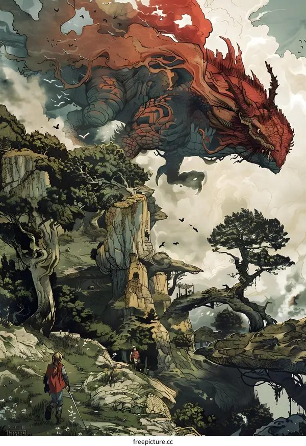 Fantasy Dragon Illustration with Two People in a Forest
