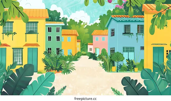 Colorful Houses in Tropical Village Illustration