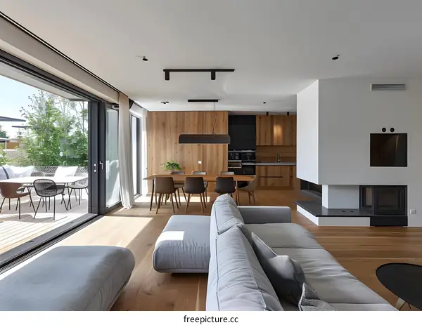 Modern Open Concept Living Room with Fireplace and Patio