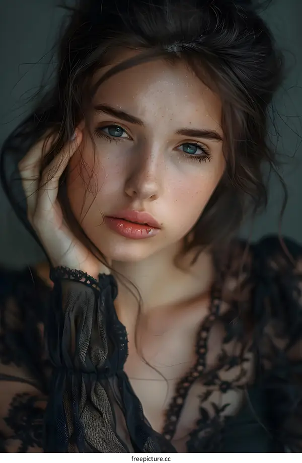 portrait of a beautiful young woman with freckles and blue eyes