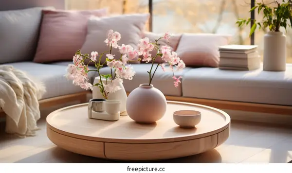A beautiful living room with a vase of flowers on the coffee table