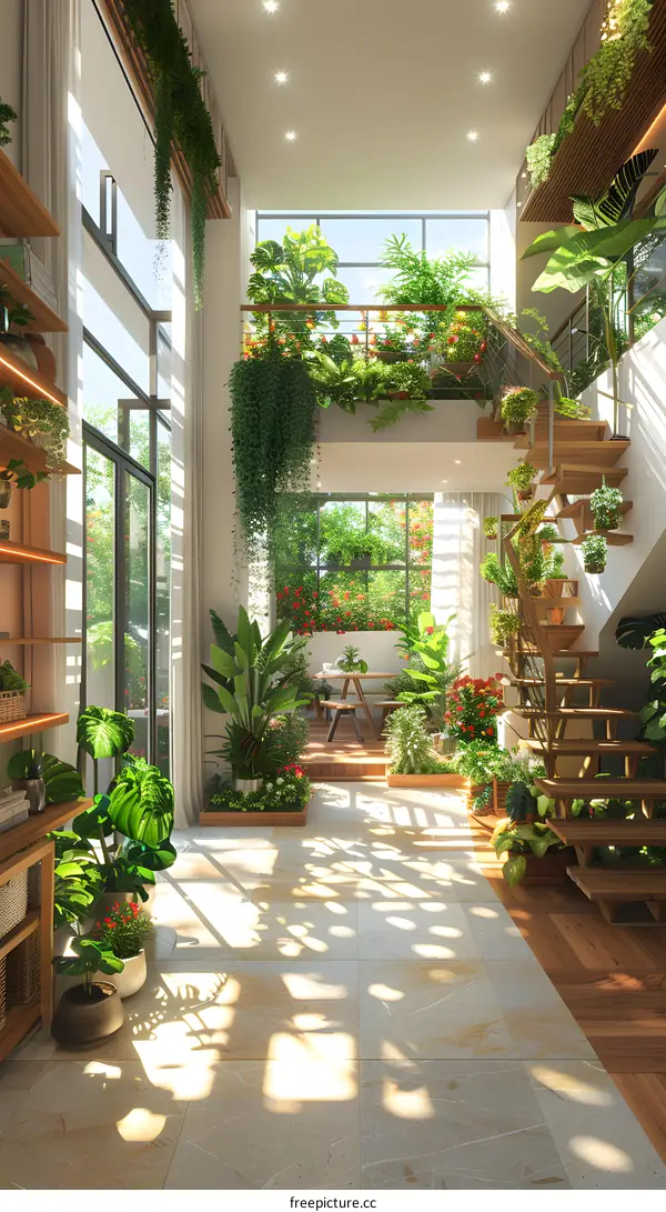 Indoor Garden With Staircase And Sunlight