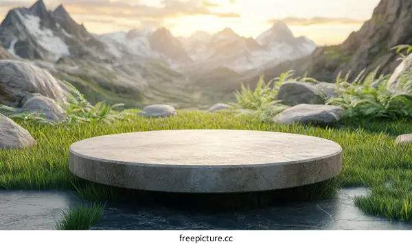 Empty Round Stone Pedestal in Mountain Landscape