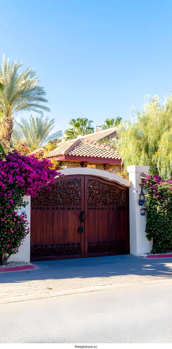Ornate Wooden Gate with Carved Details in Front of a Home