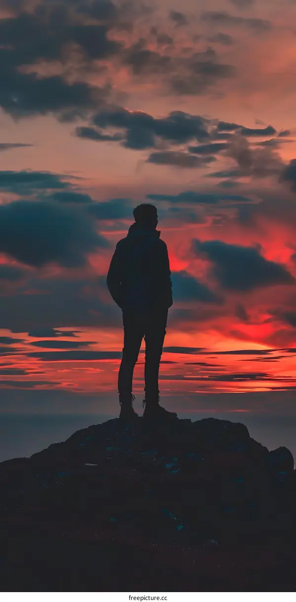 Silhouette of a Man Standing on a Cliff During Sunset
