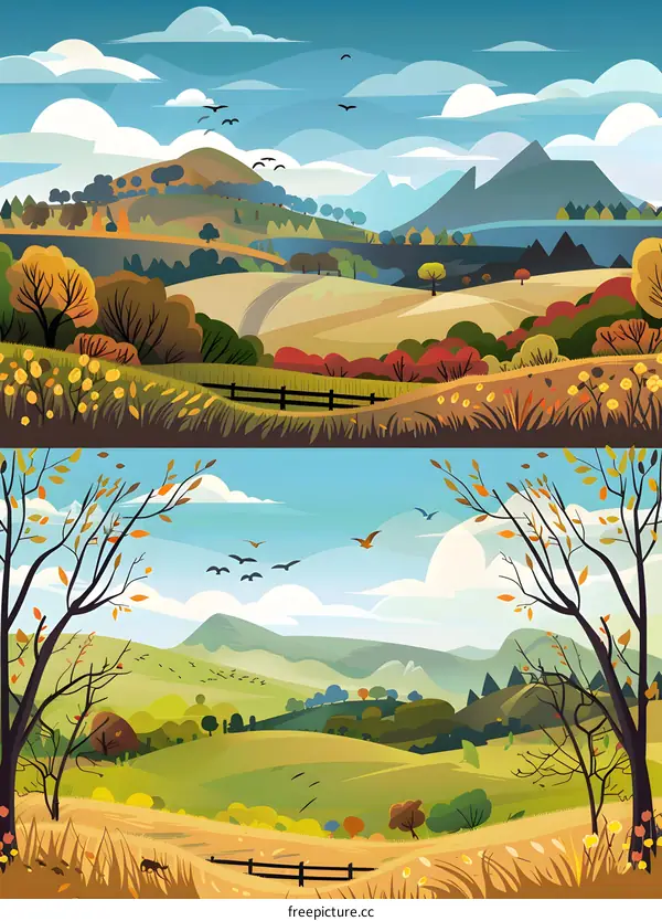 Autumn Landscape with Rolling Hills and Birds