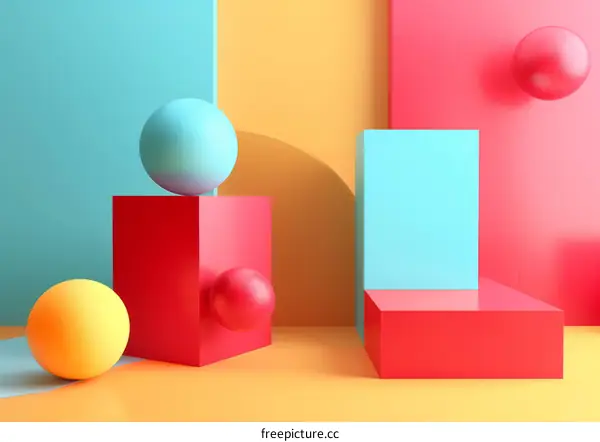 3D rendering of geometric shapes with balls and podiums
