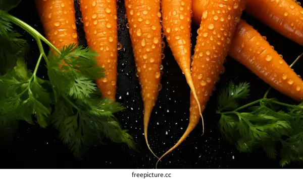 Fresh carrots with green leaves on a black background