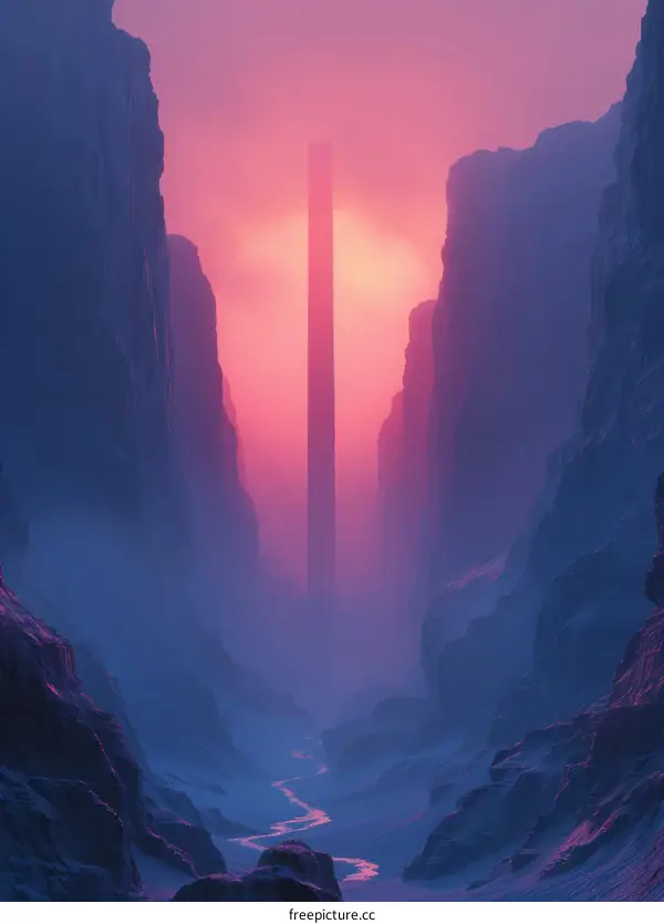 A monolith in a canyon at sunset