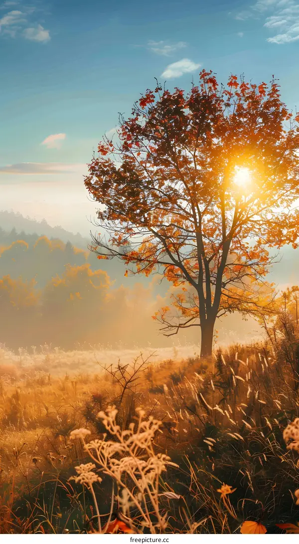 Golden Autumn Sunrise With A Lone Tree