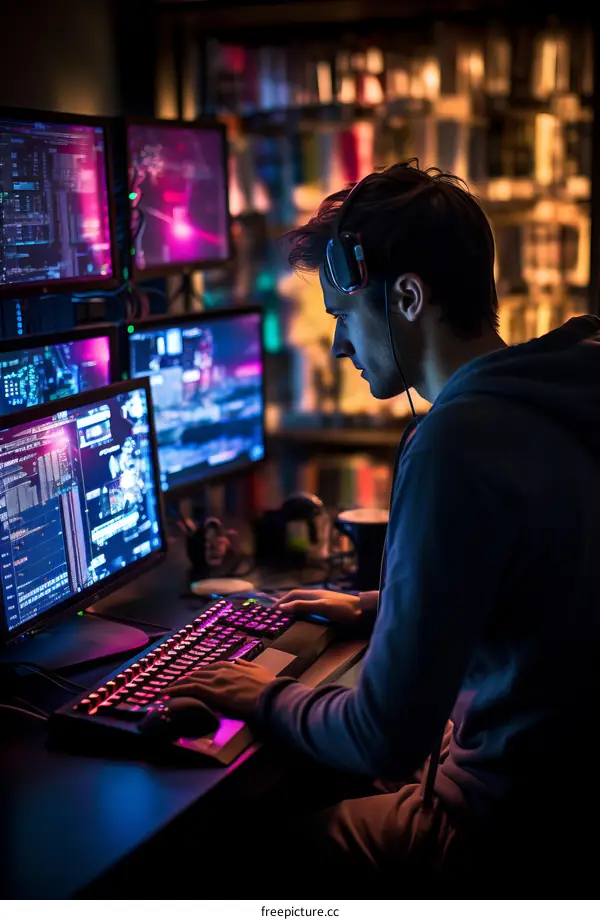 Male gamer wearing headphones sits at his computer desk with multiple monitors in front of him