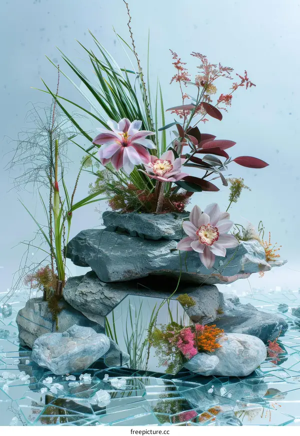 Floral Still Life with Broken Mirror and Rocks