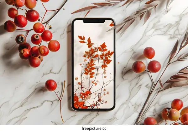 Autumn Leaves Phone Screen With Red Berries and Dried Branches