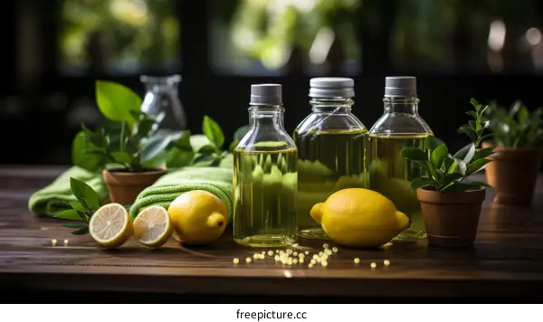 Lemon Essential Oil Bottles with Fresh Leaves and Sliced Lemon