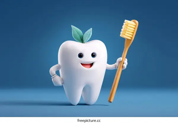 Cute Tooth Character with Toothbrush Illustration