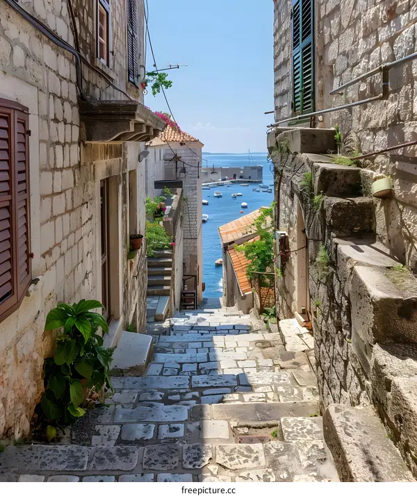Stone steps leading down to a harbor in Croatia