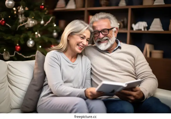 An elderly couple is reading a book on the sofa with a Christmas tree in the background
