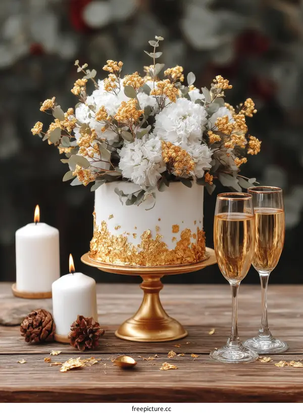 Elegant Gold Decorated Wedding Cake with Flowers