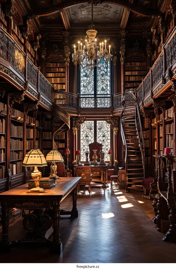 ornate library with spiral staircase