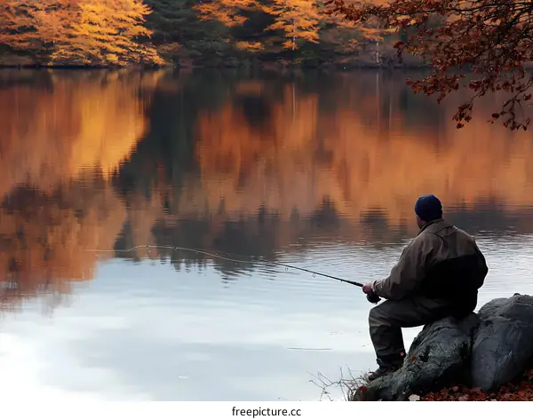 Man Fishing In A Calm Lake With Fall Foliage