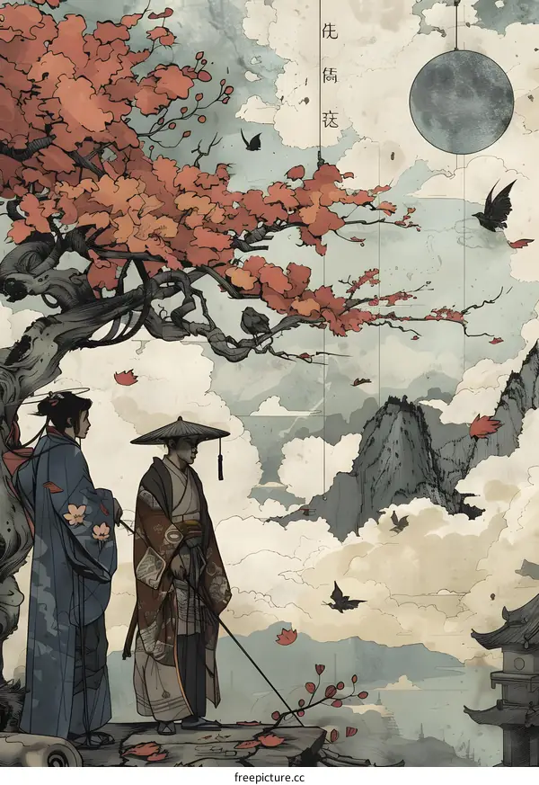 Japanese Couple Standing on Cliff With Cherry Blossom Tree