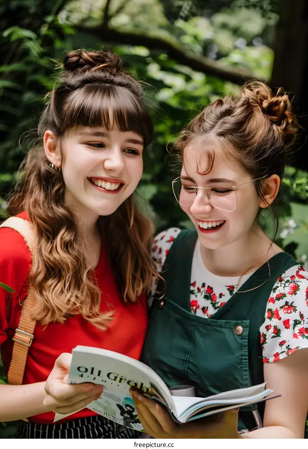 Two Happy Friends Reading a Book Together in the Park