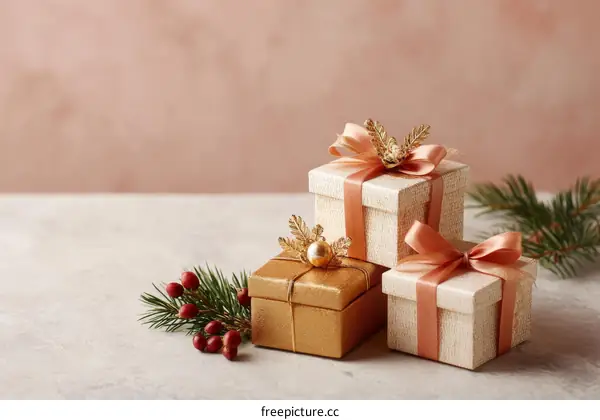 Elegant Christmas Gift Boxes on a Light Surface