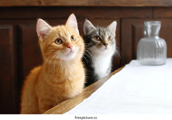 Two Adorable Kittens Looking Up at the Camera