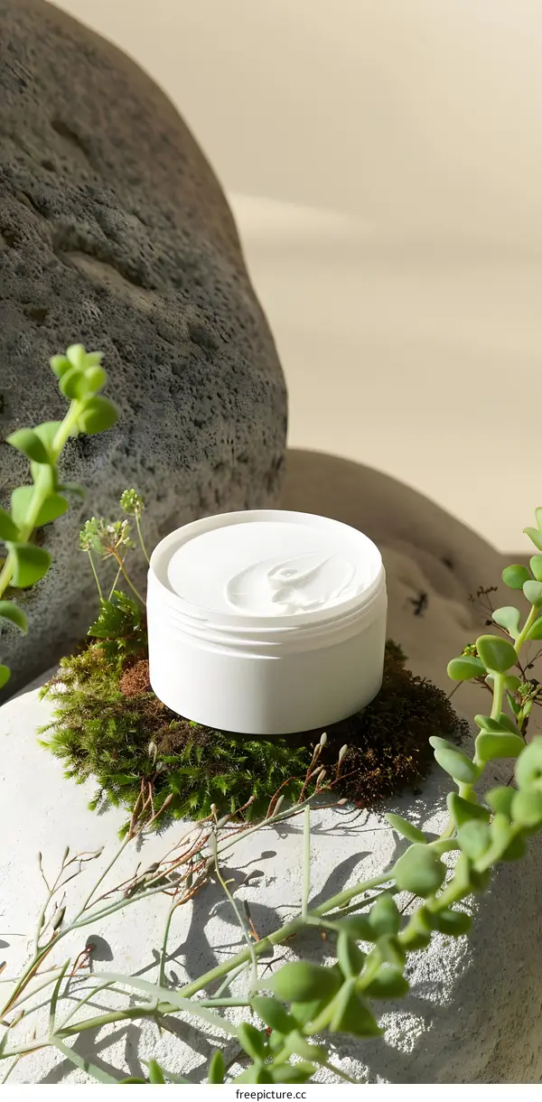 White Cream Jar on Stone and Moss