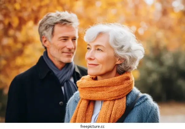 Autumnal Stroll of a Senior Couple