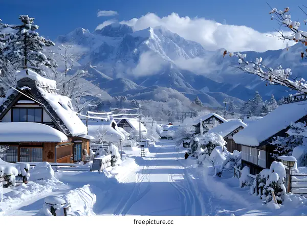 Snowy village street with mountain view