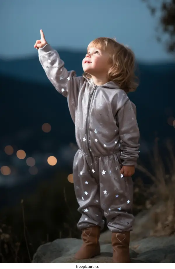 Little girl in a gray jumpsuit with stars pointing at the sky