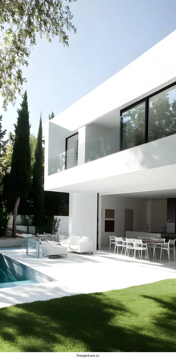 Modern White House with Pool and Green Lawn