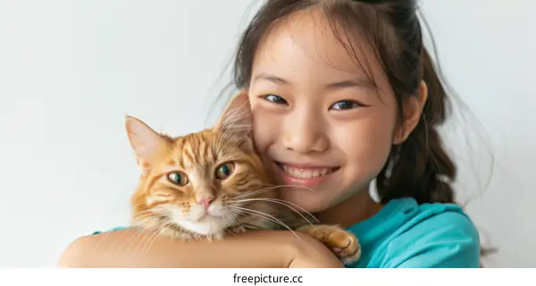 Little Asian girl hugging her orange cat