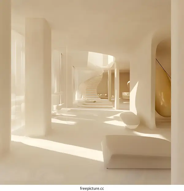 Minimalist White Interior Design With Spiral Staircase