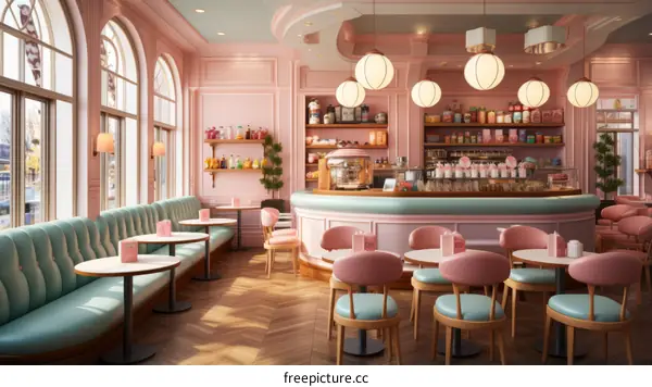 Pink and mint green retro diner interior with large windows