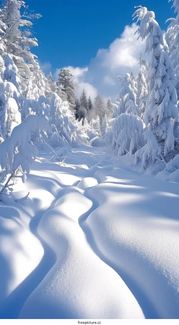 The snow-covered forest creates a beautiful winter scene
