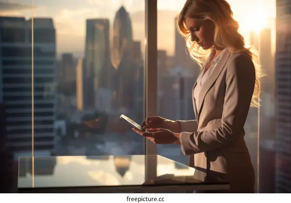 Businesswoman in front of window using smartphone