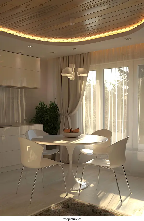 Modern Interior Design Dining Room with White Chairs and Wooden Ceiling