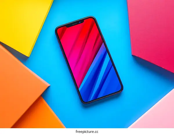 Smartphone On Blue Background With Colorful Papers