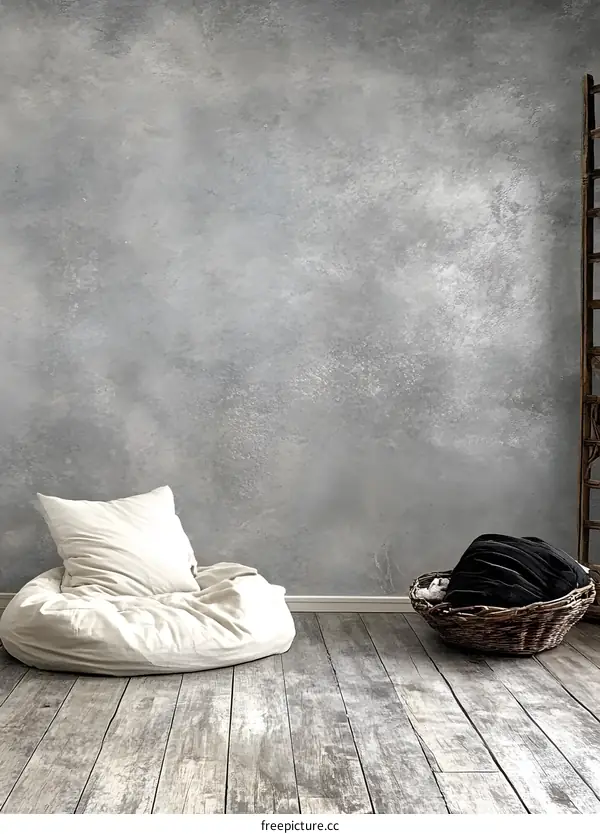 Grey Concrete Wall With Bean Bag and Basket in Minimalist Interior Design