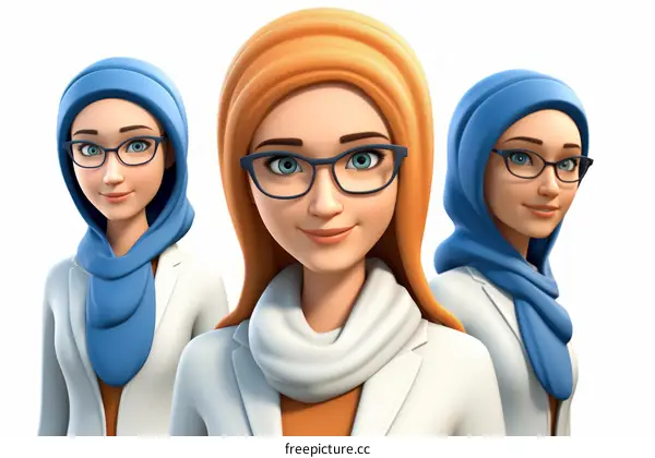 Three Muslim women scientists wearing hijab
