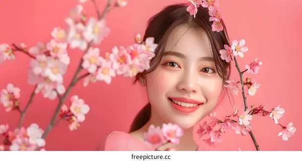 Smiling Asian Woman With Pink Flowers