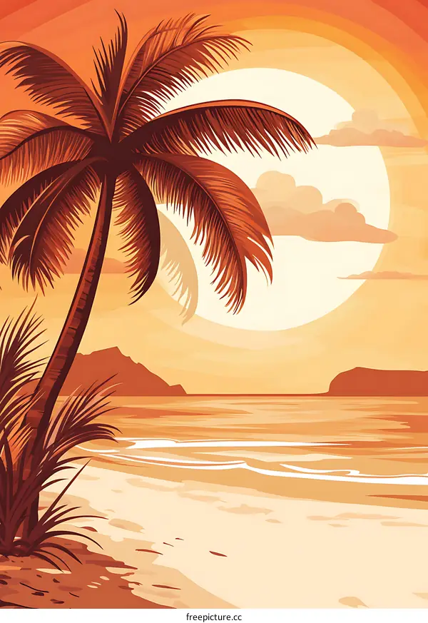 Sunset Palm Tree Beach Tropical Landscape Illustration