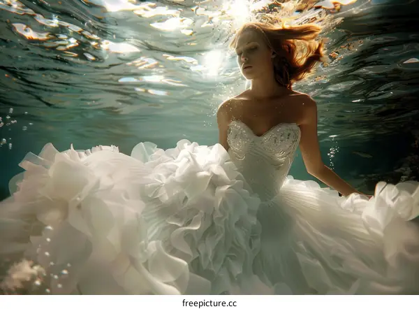 An underwater photo of a woman wearing a white wedding dress