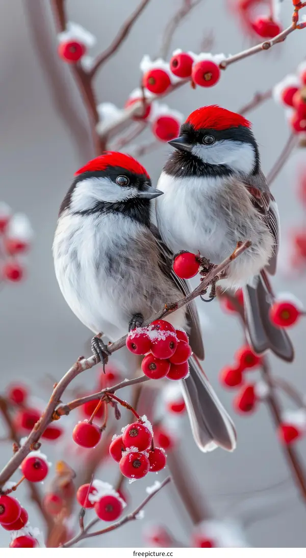 Two birds on a branch with red berries